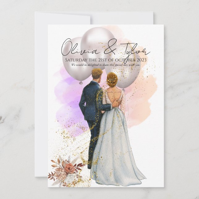 Convite Romantic Bride & Groom with Balloons (Frente)