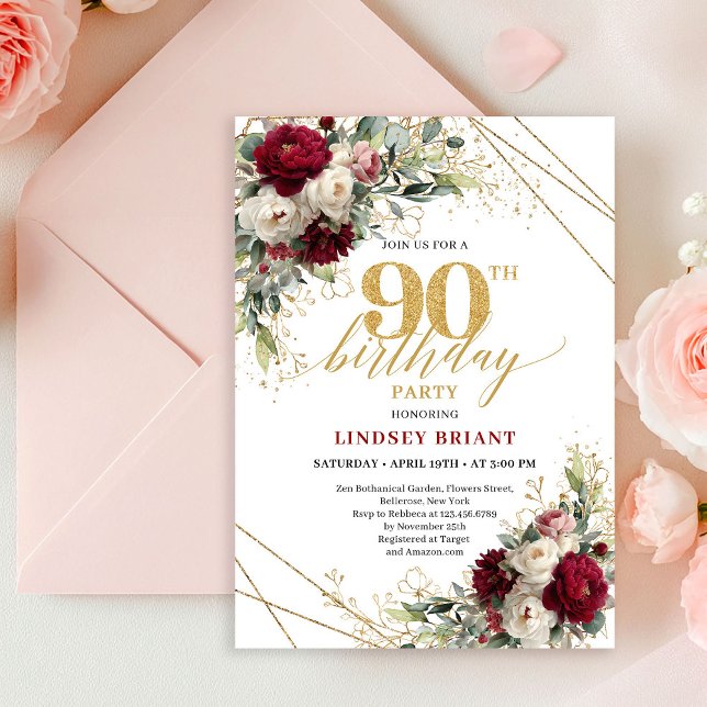Convite Romantic Burgundy and White Floral 90th Birthday  (Romantic Burgundy and White Floral 90th Birthday Invite)