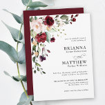 Convite Romantic Burgundy Blush Plum Green Floral Wedding<br><div class="desc">This charming romantic wedding invitation has a lovely floral corner bouquet in the stylish color combination of burgundy red, blush pink, plum purple, and peach with sumptuous greenery scattered throughout. It makes a wonderful choice for weddings from mid-summer, to fall and throughout the winter months. The reverse side of the...</div>