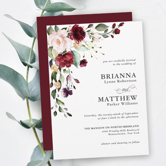 Convite Romantic Burgundy Blush Plum Green Floral Wedding  (Criador carregado)