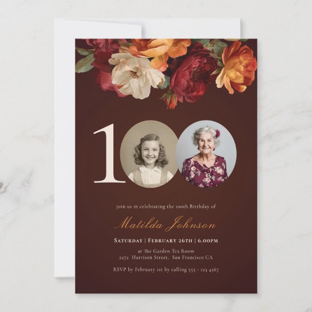 Convite Romantic Burgundy Floral Photo 100th Birthday (Frente)