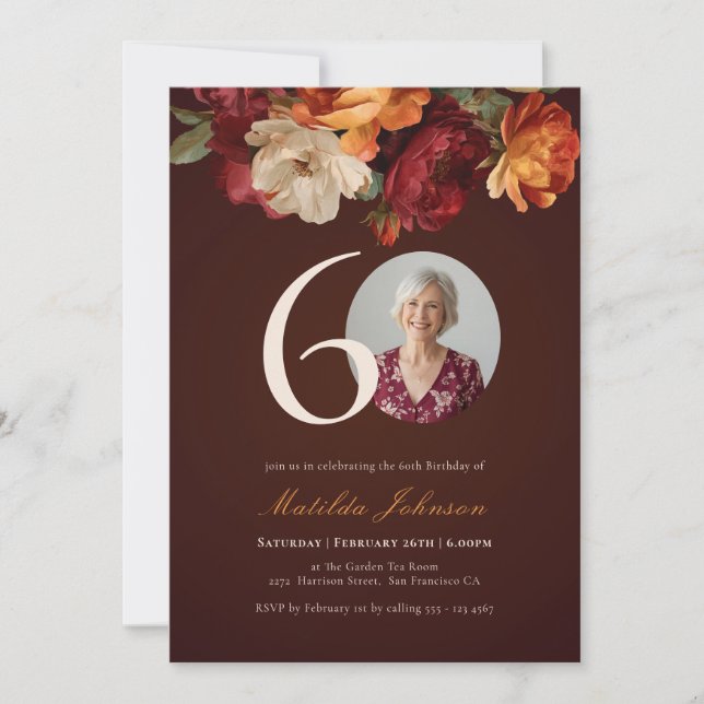 Convite Romantic Burgundy Floral Photo 60th Birthday (Frente)