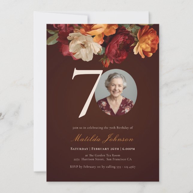 Convite Romantic Burgundy Floral Photo 70th Birthday (Frente)