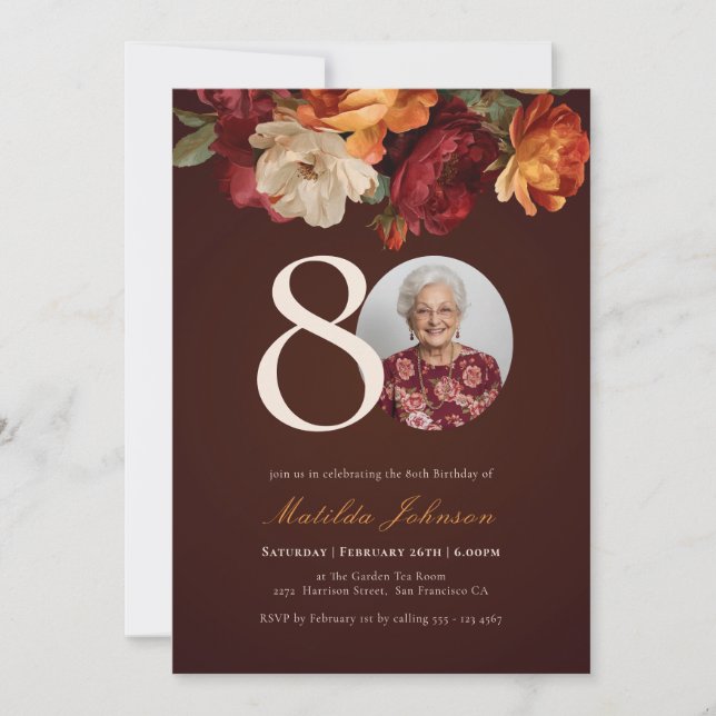 Convite Romantic Burgundy Floral Photo 80th Birthday (Frente)