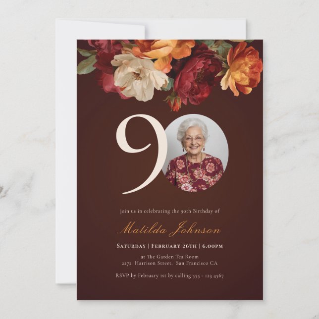 Convite Romantic Burgundy Floral Photo 90th Birthday (Frente)