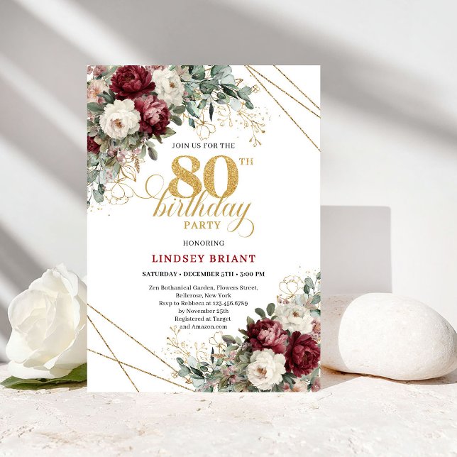 Convite Romantic Burgundy Greenery 80th Birthday (Romantic Burgundy Greenery 80th Birthday)