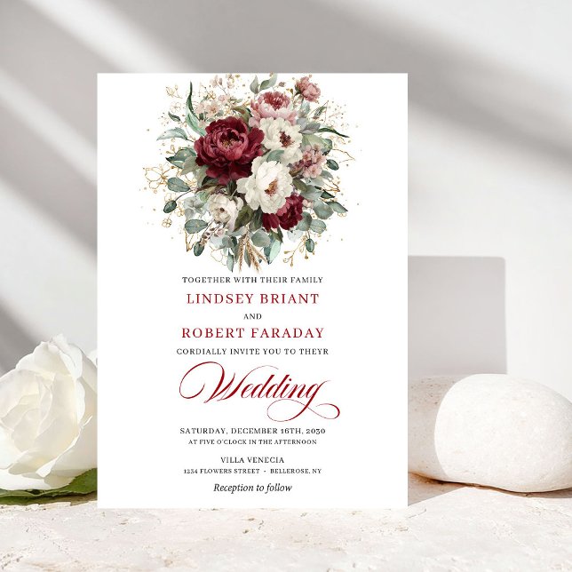 Convite Romantic Burgundy White Floral Eucalyptus Wedding  (Romantic Burgundy White Floral Eucalyptus Wedding Invite)