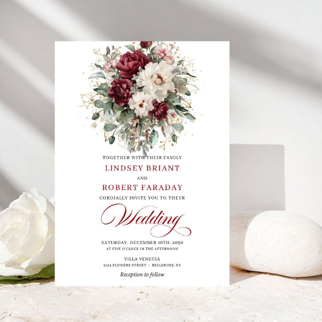 Convite Romantic Burgundy White Gold Frame Wedding Invite (Romantic Burgundy White Gold Frame Wedding Invite)