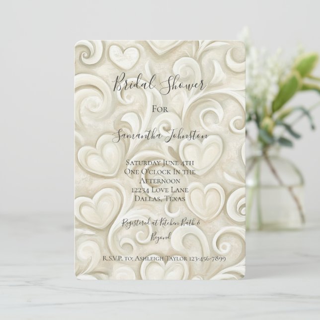 Convite Romantic Chic Heart Swirls Bridal Shower (Em pé/Frente)