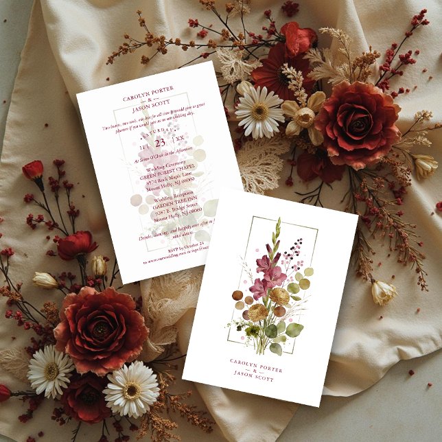 Convite Romantic Chic Rustic Botanical Wildflowers Wedding (Romantic Rustic Botanical Wildflowers Bunch Wedding Invitation Card Design.)