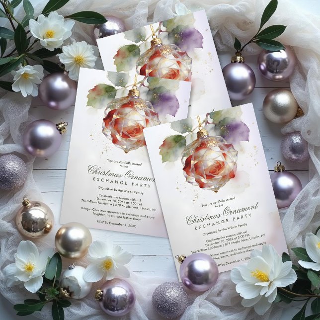 Convite Romantic Christmas Ornament Shaped Like a Rose (Romantic Christmas Ornament Shaped Like a Rose Watercolor Effect Exchange Party Invitation Card.)