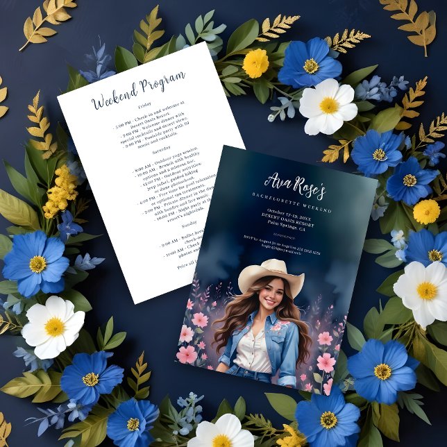Convite Romantic Cowgirl Pink Flowers Bachelorette Weekend (Romantic Cowgirl on Dark Background with Pink Flowers Bachelorette Weekend Invitation Card. )