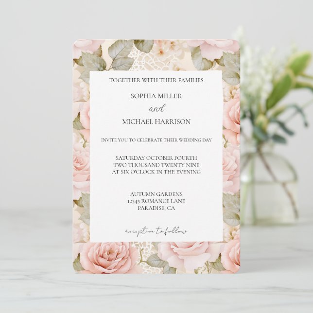 Convite Romantic Cream Blush Pink Rose Floral Wedding (Em pé/Frente)