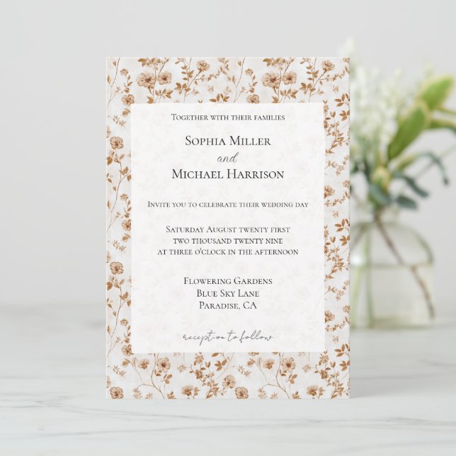 Convite Romantic Cream Brown Floral Wedding (Em pé/Frente)