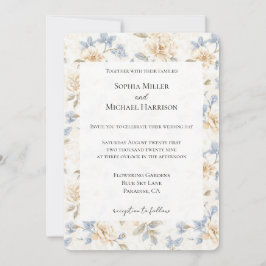 Convite Romantic Cream Floral Blue Leaves Wedding
