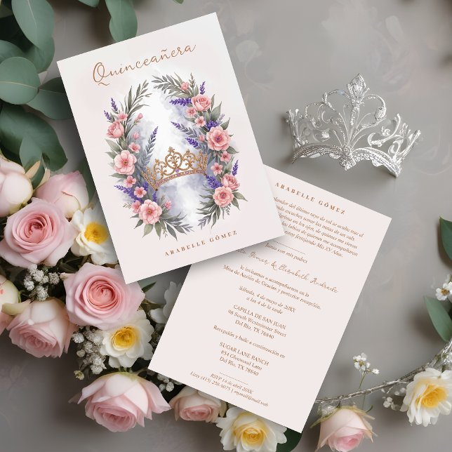 Convite Romantic Cute Quinceañera Princess Tiara in Bloom (Romantic Cute Quinceañera Princess Tiara in Bloom Garland Invitation Card. )