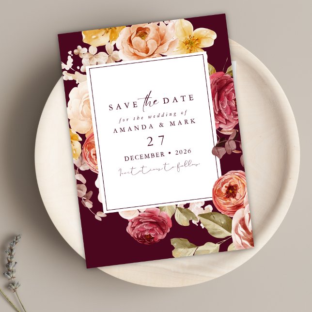 Convite Romantic Deep Burgundy Floral Save the date   (Criador carregado)