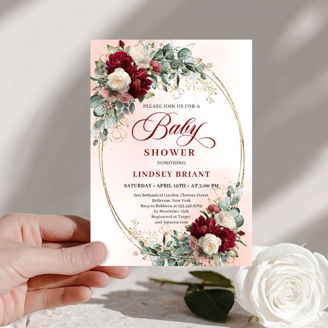 Convite Romantic Deep Red Peony Baby Shower Invitation (Romantic Deep Red Peony Baby Shower Invitation)