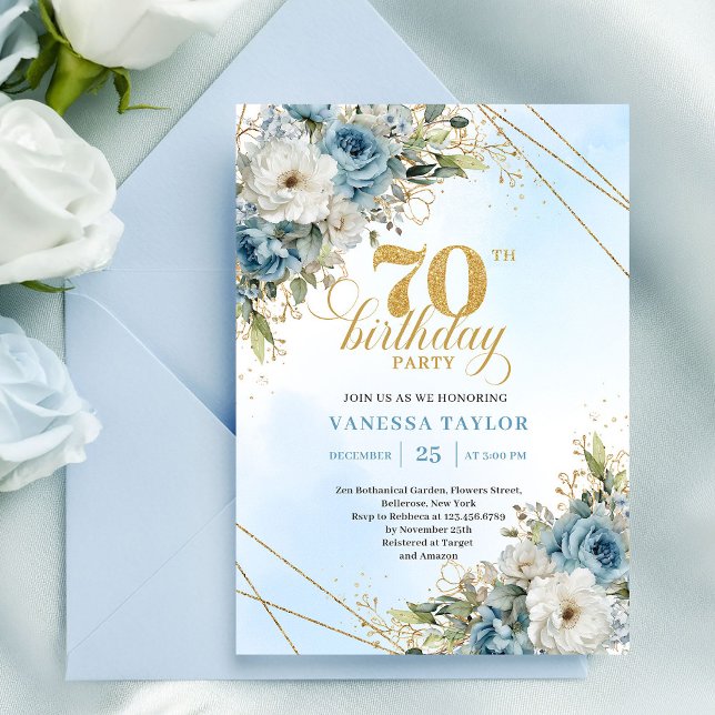 Convite Romantic Dusty Blue 70th Birthday Invite (Romantic Dusty Blue 70th Birthday Invite)