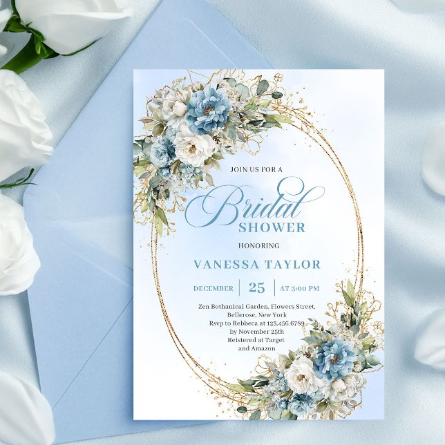 Convite Romantic Dusty Blue Floral Eucalyptus Bridal Showe (Romantic Dusty Blue Floral Eucalyptus Bridal Shower Invite)