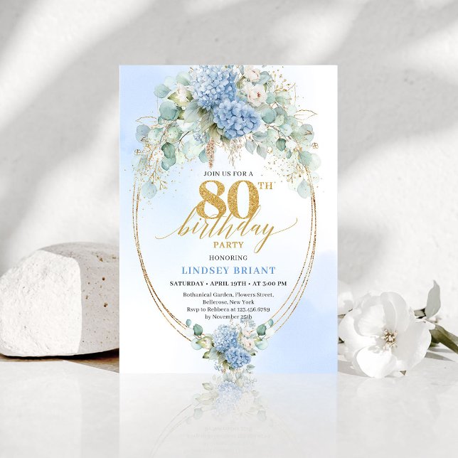 Convite Romantic Dusty Blue Floral Gold 80th Birthday (Romantic Dusty Blue Floral Gold 80th Birthday Invite)
