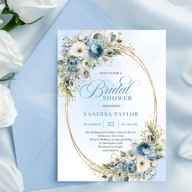 Convite Romantic Dusty Blue Floral Gold Frame Bridal Showe (Romantic Dusty Blue Floral Gold Frame Bridal Shower Invite)
