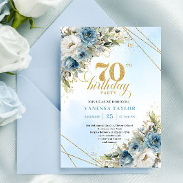 Convite Romantic dusty blue florals gold frame 70 birthday