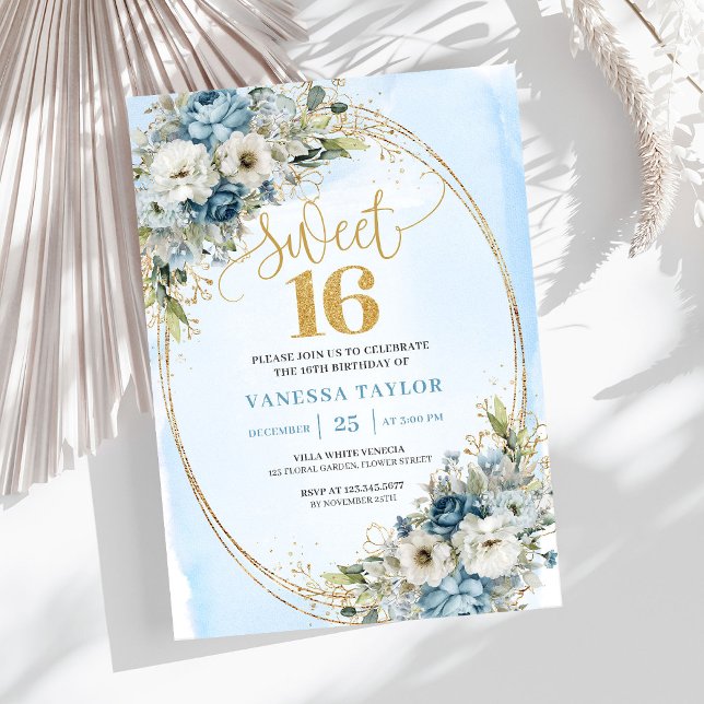 Convite Romantic Dusty Blue Flowers Sweet Sixteen Invites (Romantic Dusty Blue Flowers Sweet Sixteen Invitation)