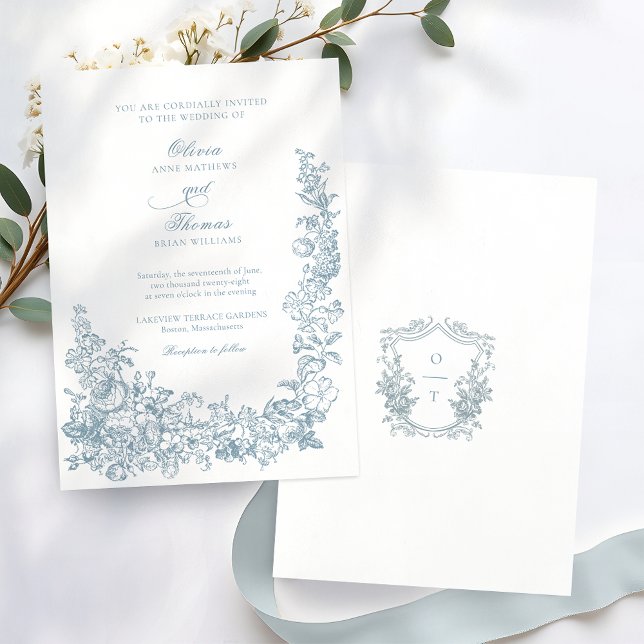 Convite Romantic Dusty Blue Line Art Floral Wedding (Criador carregado)