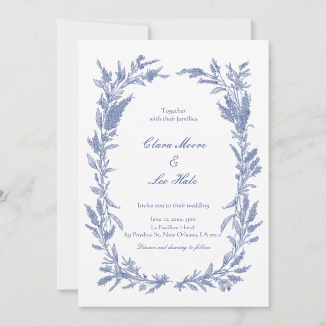 Convite Romantic Dusty Blue Wildflower Wreath Wedding (Frente)