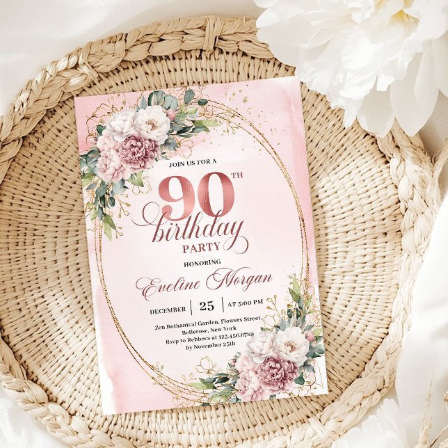 Convite Romantic Dusty Pink Gold Eucalyptus 90th Birthday  (Rose Gold Blush Floral 50th Birthday 36-50)