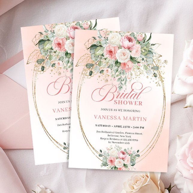 Convite Romantic Dusty Rose Eucalyptus Gold Bridal Shower (Romantic Dusty Rose Eucalyptus Bridal Shower Invitation)