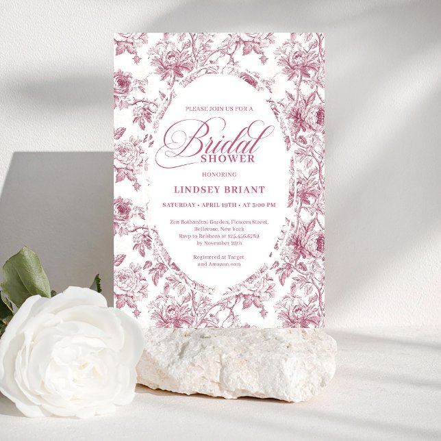 Convite Romantic Dusty Rose Floral Toile Bridal Shower  (Romantic Dusty Rose Floral Toile Bridal Shower Invite)