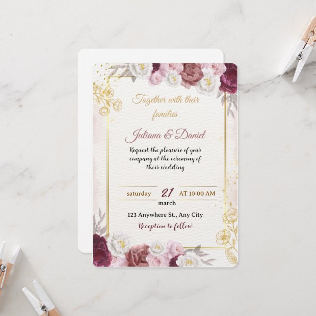 Convite Romantic Dusty Rose Floral Wedding Invitation | Bo (Frente/Verso In Situ)