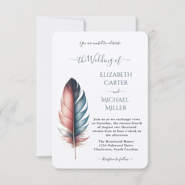 Convite Romantic Dusty Rose Teal Feather  Wedding (Frente)