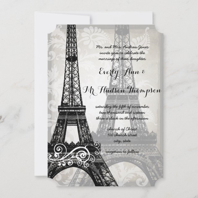 Convite Romantic Eiffel Tower Shadows Damask Wedding (Frente)