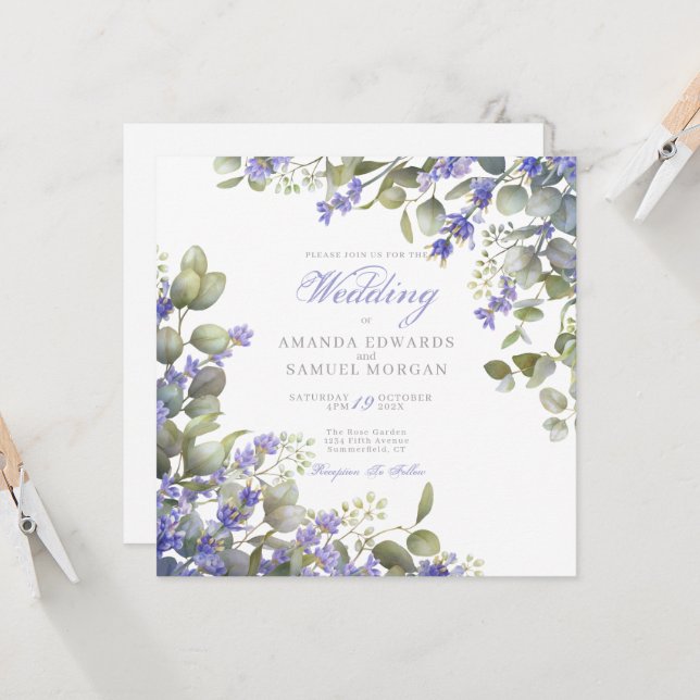 Convite Romantic Eucalyptus & Lavender Wedding Invitation (Frente/Verso In Situ)