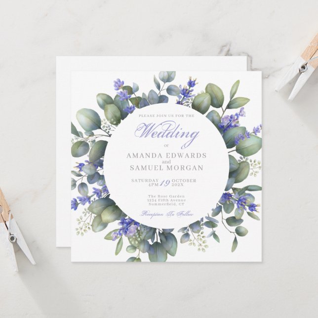 Convite Romantic Eucalyptus & Lavender Wedding Invitation (Frente/Verso In Situ)