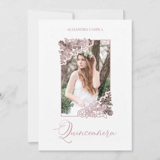Convite Romantic Fake Rose Gold Floral Frame Photo XV años (Frente)