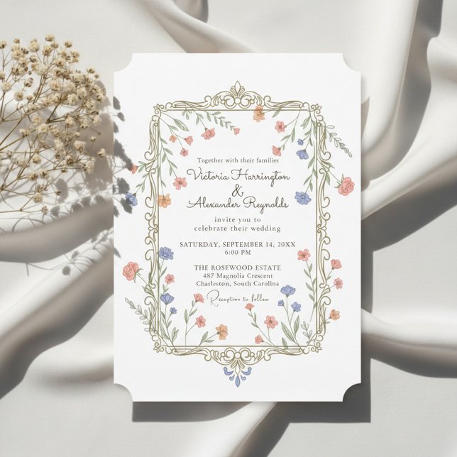 Convite Romantic Floral Gold Frame Wedding Invitation (Romantic floral wedding invitation with delicate gold frame)