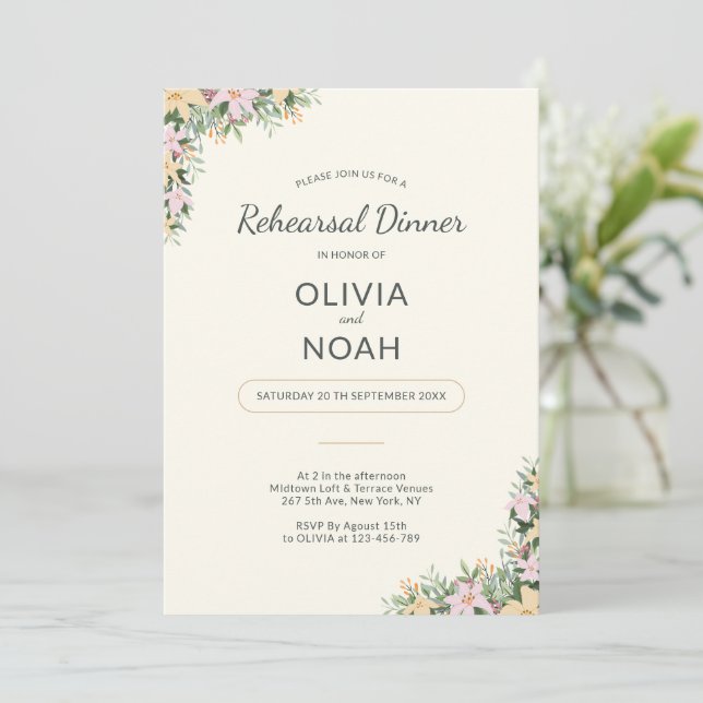 Convite Romantic Floral Rehearsal Dinner Invitation (Em pé/Frente)