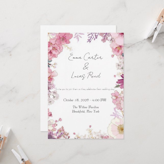 Convite Romantic Floral Wedding Invitation Card (Frente/Verso In Situ)