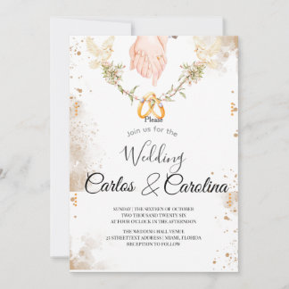 Convite Romantic Floral Wedding Invitation with Gold Rings