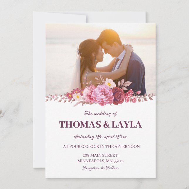 Convite Romantic Floral Wedding Invitation with Photo (Frente)