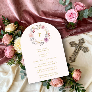 Convite Romantic Floral Wreath Minimalist Baptism