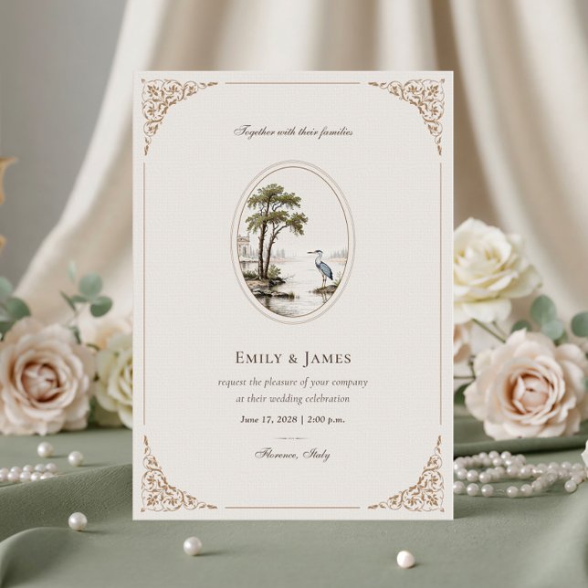 Convite Romantic French Heron Oval Frame Wedding Invitatio (Criador carregado)