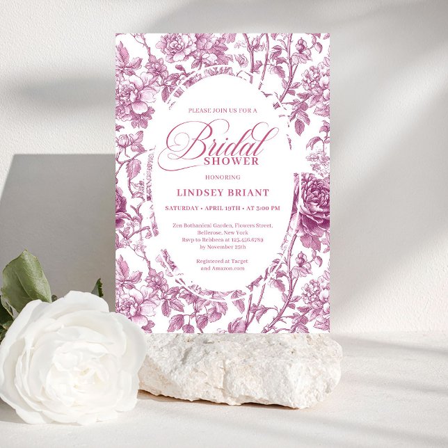 Convite Romantic Fuchsia Pink Roses Pattern Bridal Shower  (Romantic Fuchsia Pink Roses Pattern Bridal Shower Invite)
