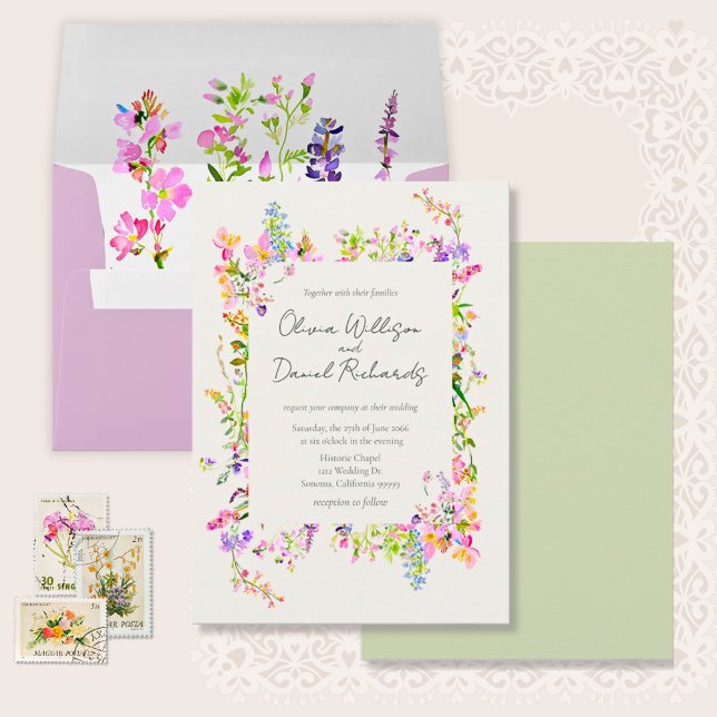 Convite Romantic Garden Green Floral Wedding  (Garden Wildflowers Watercolor Wedding Invitations.)