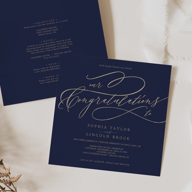 Convite Romantic Gold Calligraphy Navy Congratulations (Criador carregado)