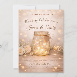 Convite Romantic Golden Light Hearts Wedding Invite